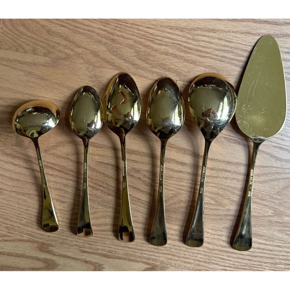 6pc Azuma Japan 24K Gold EP Hostess Set Pierced Vegetable Spoon Pie Server Ladle